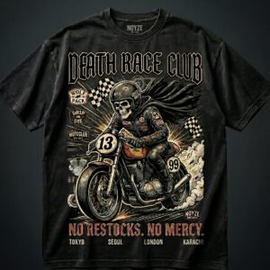 NOYZE DRIP Death Race Club oversized black tee with skeleton motorcycle rider graphic, gothic text reading Death Race Club and No Restocks No Mercy, NOYZE DRIP streetwear Pakistan