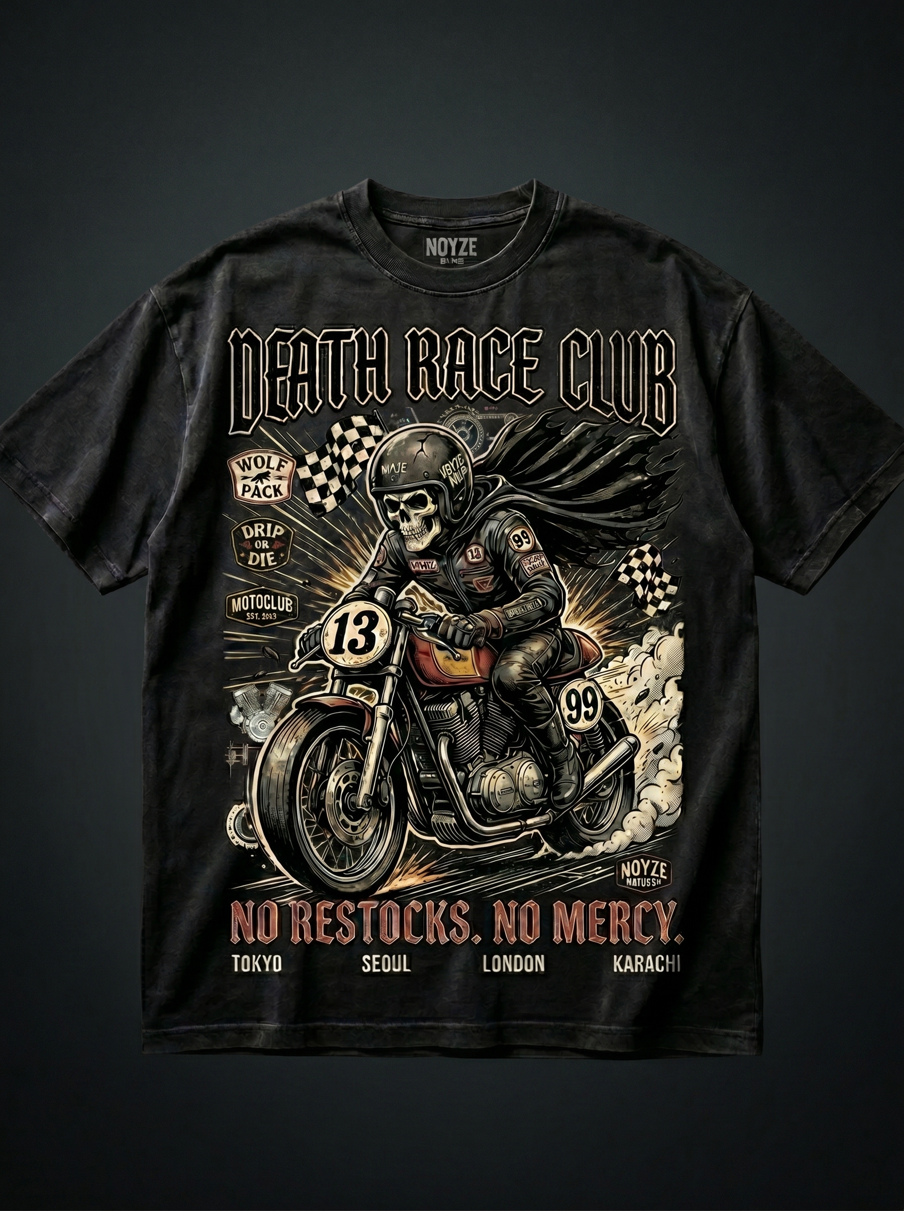 NOYZE DRIP Death Race Club oversized black tee with skeleton motorcycle rider graphic, gothic text reading Death Race Club and No Restocks No Mercy, NOYZE DRIP streetwear Pakistan