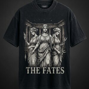 NOYZE DRIP The Fates oversized washed black tee featuring three Greek goddess figures in classical engraving style standing before stone temple columns with THE FATES text, Pakistan streetwear limited drop