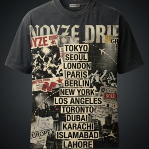 NOYZE DRIP World Tour oversized washed black tee with all-over concert collage print featuring city list Tokyo Seoul London Paris Berlin New York Los Angeles Toronto Dubai Karachi Islamabad Lahore, vintage tour poster aesthetic with crowd photography passport stamps and SOLD OUT badge, Pakistan streetwear limited drop